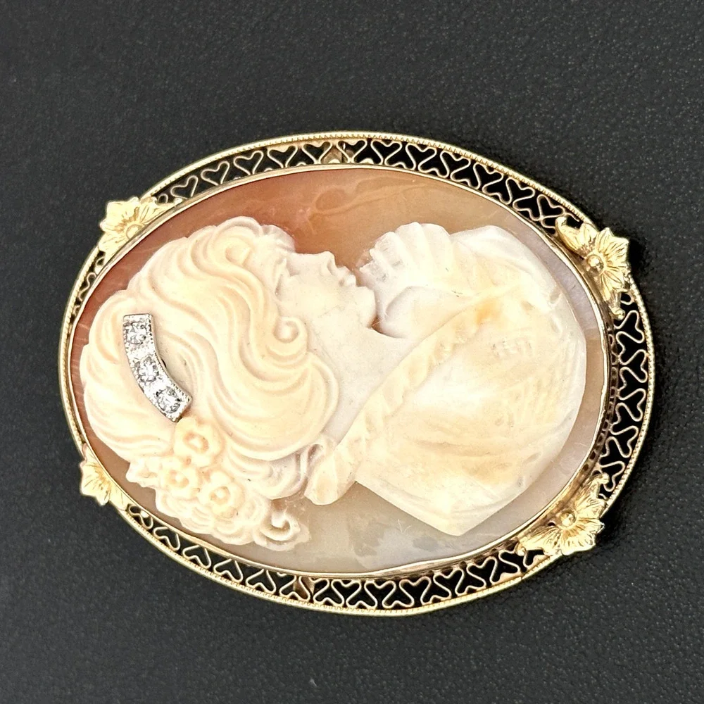 Vintage 14K Yellow Gold Large Hand Carved Shell Cameo Diamond Brooch Pin Pendant